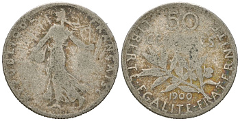 Франция 50 сантимов 1900 KM 854 серебро 4611-1128