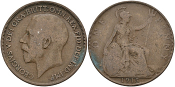 Великобритания 1 пенни 1915 Георг V (1910-1936) KM 810, Spink 4051 бронза 4144-814
