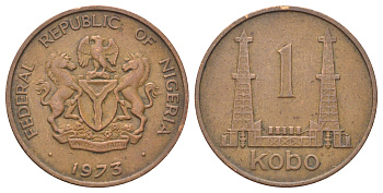 Нигерия 1 кобо 1973 нефтяные вышки KM 8.1 бронза 4699-1015