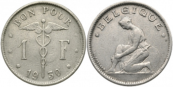 БЕЛЬГИЯ 1 ФРАНК 1930 BELGIQUE KM 89 никель 51-2115