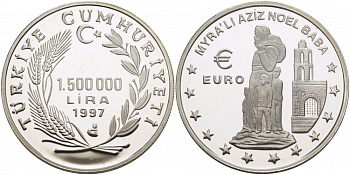 Турция 1500000 лир 1997 Санта-Клаус из Миры (Николай Чудотворец) KM 1100 серебро PROOF 11-140-14