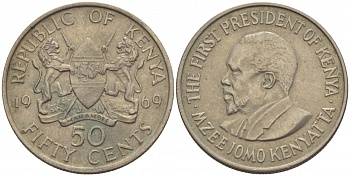 Кения 50 центов 1969 Джомо Кениата KM 13 медно-никель 4548-534