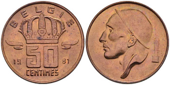 БЕЛЬГИЯ 50 САНТИМОВ 1981 BELGIE, БОДУЭН I (1951-1993) KM 149.1 бронза UNC 214-227