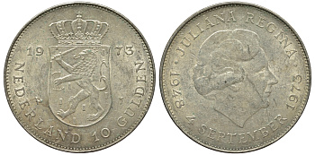 Нидерланды 10 гульденов 1973 25 лет правления королевы Юлианы KM 196 серебро 443-811