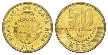 Коста-Рика 50 колонов 2012 KM 231.1b сталь плакированная латунью UNC 4642-937