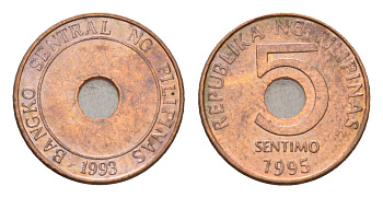 Филиппины 5 сентимо 1995 KM 268 сталь плакированная медью UNC 4396-332
