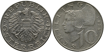 АВСТРИЯ 10 ШИЛЛИНГОВ 1975 KM 2918 никель плакированный медно-никелем 33-653