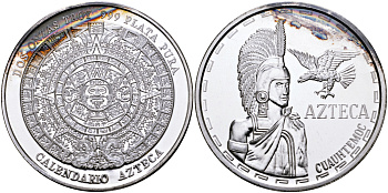Мексика 2 унции ND АЦТЕКСКИЙ КАЛЕНДАРЬ, АЦТЕКСКИЙ ВОИН AZTECA, CUAUTEMOC, ДИАМЕТР 48 ММ., ВЕС 2 ТРОЙСКИЕ УНЦИИ серебро PROOF 00-00