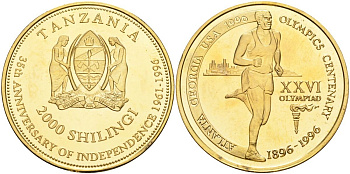 Танзания 2000 шиллингов 1996 XXVI Олимпийские игры 1996 года в Атланте, 100 лет Олимпейскому движению, бег, пробник, гладкий гурт латунь PROOF 04-323-14