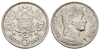 Латвия 5 латов 1929 девушка KM 9 серебро 443-1022