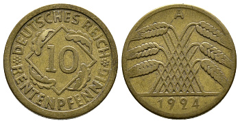 ГЕРМАНИЯ 10 РЕНТЕНПФЕННИГОВ 1924 A KM 33, J. 309, Weege 8 алюминиевая бронза 4380-932