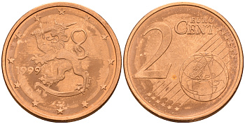 Финляндия 2 евроцента 1999  KM 99 сталь плакированная медью  UNC  4160-359