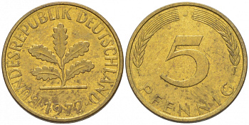 ФРГ 5 ПФЕННИГОВ 1972 J KM 107 J. 382 сталь плакированная латунью 3955-611