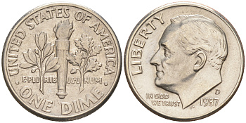 США 10 ЦЕНТОВ = 1 ДАЙМ 1987 D, РУЗВЕЛЬТ KM 195a медь плакированная медно-никелем 188-438