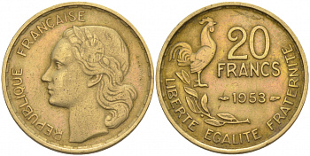 ФРАНЦИЯ 20 ФРАНКОВ 1953 4 PLUMES KM 917.1 алюминиевая бронза 186-412