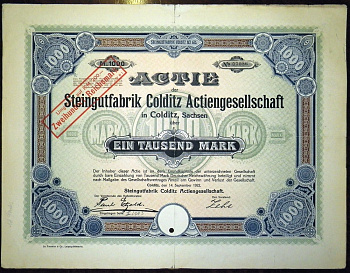 Германия акция в 1000 марок 1922 Фаянсовая фабрика Кольдиц АО в Кольдице, Саксония, Steingutfabrik Colditz AG in Colditz, Sachsen бумага 5553-22