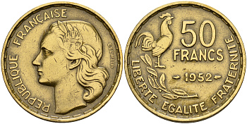 Франция 50 франков 1952  KM 918.1 алюминиевая бронза    4149-512