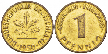 ФРГ 1 ПФЕННИГ 1950 F KM 105, J.380 сталь плакированная медью 4532-567