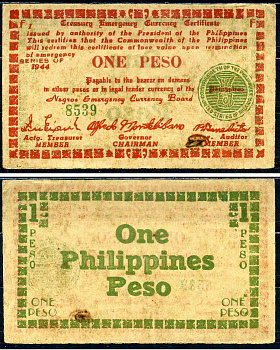 Филиппины 1 песо 1944 валютный сертификат казначейства, серия F1 Pick S672 бумага 7548-115-4-1