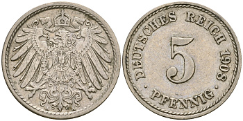 Германия 5 пфеннигов 1908 A KM 11, Jager 12, Weege 6 медно-никель 4364-4524