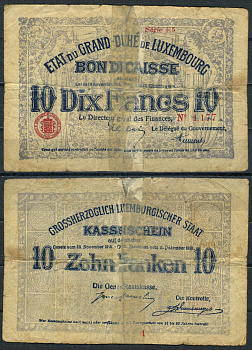 Люксембург 10 франков 1914-1918 редкая банкнота выпуска Pick 30 бумага 451-1224-2