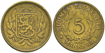Финляндия 5 марок 1946 S KM 31a латунь 4586-135