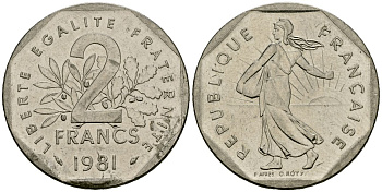 Франция 2 франка 1981 сеятель KM 942.1, Le Franc 272.3 никель 4120-1112