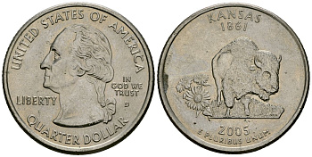 США 25 центов = квотер 2005 D, серия штаты США, Канзас KM 373 медь плакированный медно-никелем 4138-1016