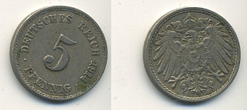 ГЕРМАНИЯ 5 ПФЕННИГОВ 1914 F, KM 11, J. 12 медно-никель 54-566