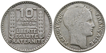 Франция 10 франков 1931 Пьер Тюрен KM 878, Le Franc 360.4 серебро 79-1525
