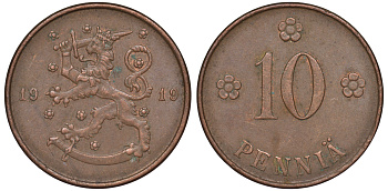 Финляндия 10 пенни 1919 KM 24 медь 45-1237