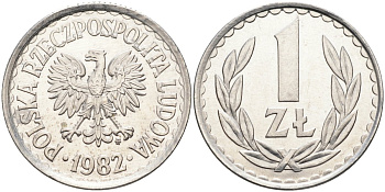 Польша 1 злотый 1982 MW, Народная Республика KM 49.1, Parchimowicz 213u алюминий UNC 4182-644