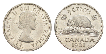 Канада 5 центов 1961 Елизавета II (1952-2022), бобр KM 50a никель 4639-438