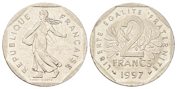 Франция 2 франка 1997 сеятель KM 942.1 никель UNC 4700-136