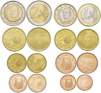 Испания полный евронабор из 8 монет 2002 1, 2, 5, 10, 20, 50 евроцентов, 1 и 2 евро KM 1040, 1041, 1042, 1070, 1071, 1072, 1073, 1074 N6-04
