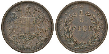 Британская Индия 1/2 пайса 1853 KM 464 медь 4132-1241
