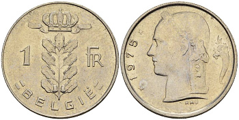 Бельгия 1 франк 1975 Belgie, Бодуэн I (1951-1993) KM 143.1 медно-никель 4546-423