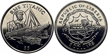 Либерия 5 долларов 1998 гибель Титаника КМ 363 медно-никель UNC 4386-523