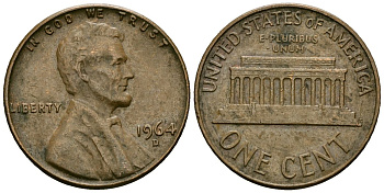 США 1 цент 1964 D, Линкольн KM 201 медь цинк 4136-123