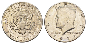 США 1/2 доллара (50 центов) 1971 D, Джон Кеннеди KM 202b медь плакированная медно-никелем aUNC 114-146