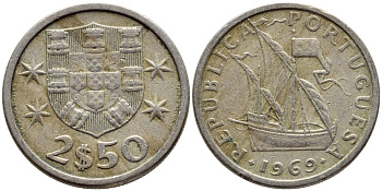 ПОРТУГАЛИЯ 2,5 ЭСКУДО 1969 KM 590 медно-никель 4396-141