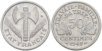 ФРАНЦИЯ 50 САНТИМОВ 1942 ТИП FRANCISQUE, LOURDE, ПРАВИТЕЛЬСТВО ВИШИ KM 914.1, LE FRANC 195.2 алюминий 44-336