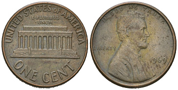 США 1 цент 1969 D, Авраам Линкольн  KM 201 медь цинк 220-846