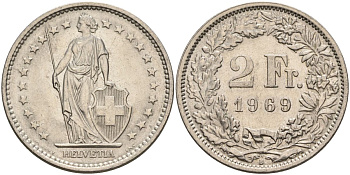 Швейцария 2 франка 1969 B KM 21a медно-никель 4607-615