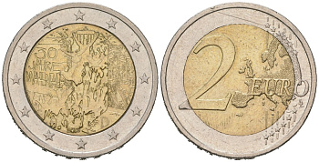 Германия 2 евро 2019 D, 30 лет падению Берлинской стены KM 429 биметалл 3334-243
