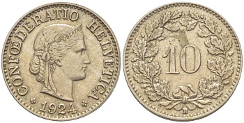 Швейцария 10 раппенов 1924 В KM 27 медно-никель 4513-227