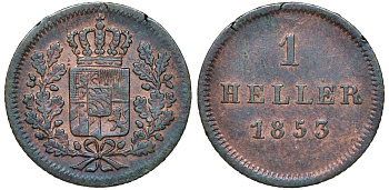 Бавария 1 геллер 1853 Максимилиан II (1848-1864) AKS 162 медь 4174-1024