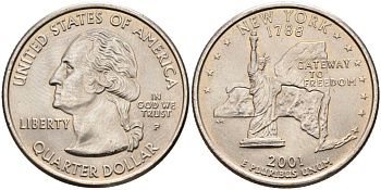 США 25 центов = квотер 2001 Р, серия штаты США, Нью-Йорк KM 318 медь плакированная медно-никелем 4586-147