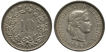Швейцария 10 раппенов 1969 В KM 27 медно-никель 186-912