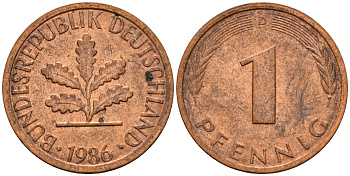 ФРГ 1 пфенниг 1986 D KM 105, J. 380 сталь плакированная медью    4598-637